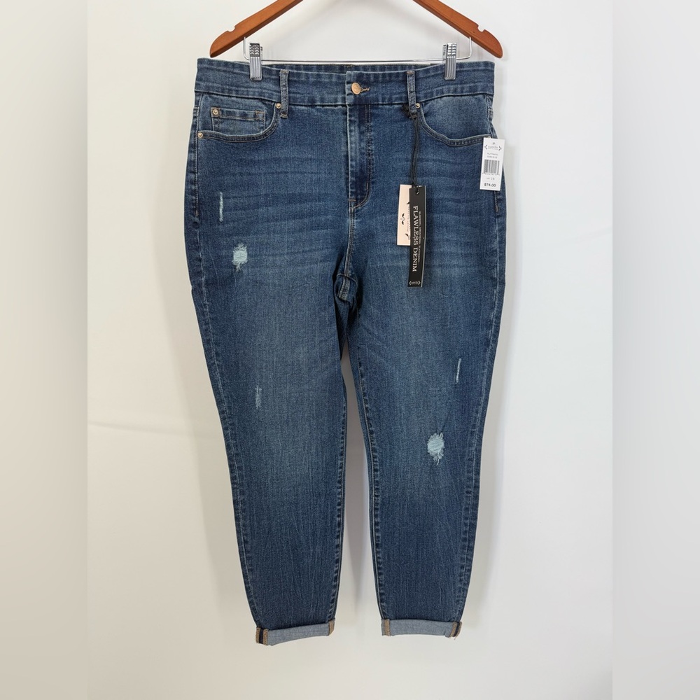 Nanette Lepore Flawless Belle High Rise Ankle Distressed Dark Blue Ankle Jeans - Picture 1 of 15
